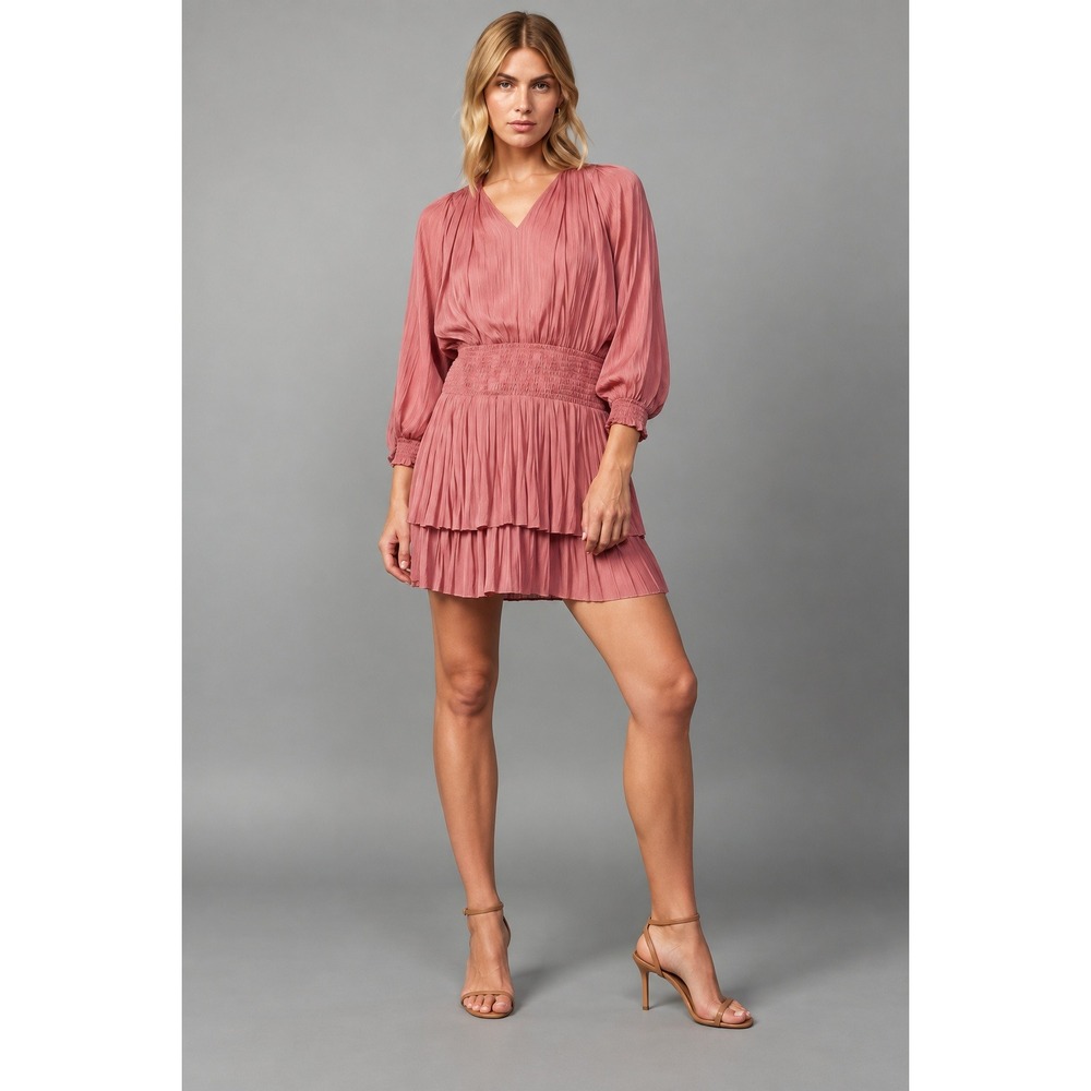 Evereve Hailey Dress Rose Pink Smocked Waist Tiered Ruffle Mini V-Neck- Small